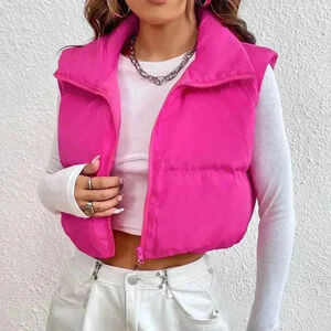 Hot Pink Casual Women's Y2k Zipper Front Vest Padded Coat